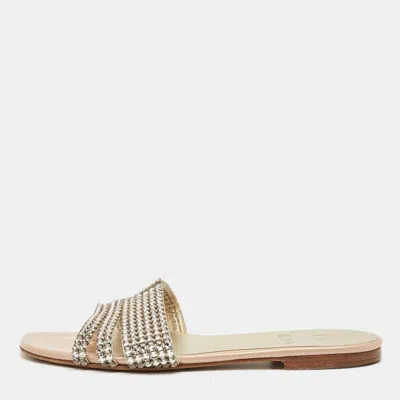 Pre-owned Gina Silver Leather Crystal Embellished Flat Slide Size 37