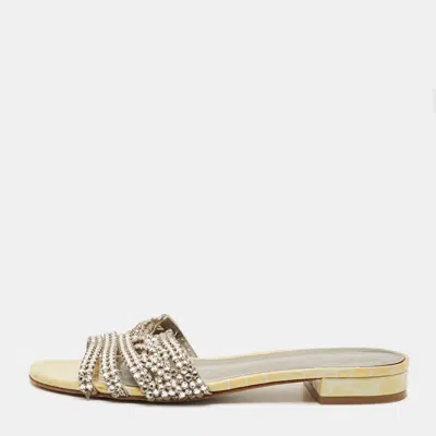 Pre-owned Gina Silver Leather Crystal Embellished Flat Slide Size 40