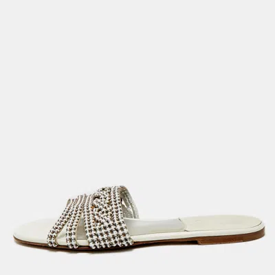 Pre-owned Gina Silver Leather Crystal Embellished Leather Loren Flat Sandals Size 39.5 In White