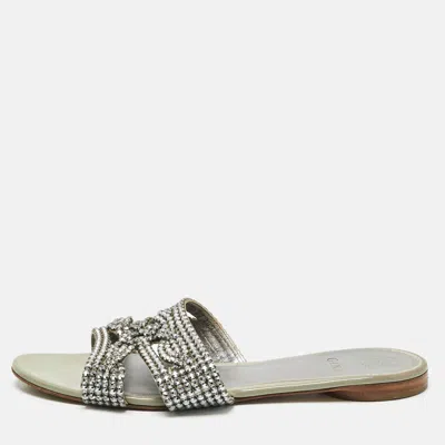 Gina Silver Leather Crystal Embellished Loren Flat Slides In Gold