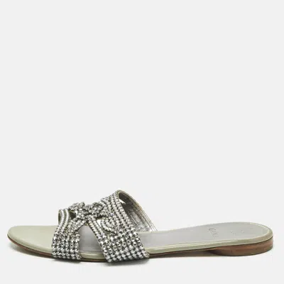 Pre-owned Gina Silver Leather Crystal Embellished Loren Flat Slides Size 41.5 In Gold