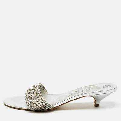 Pre-owned Gina Silver Leather Crystal Embellished Sain Slide Sandals Size 39.5