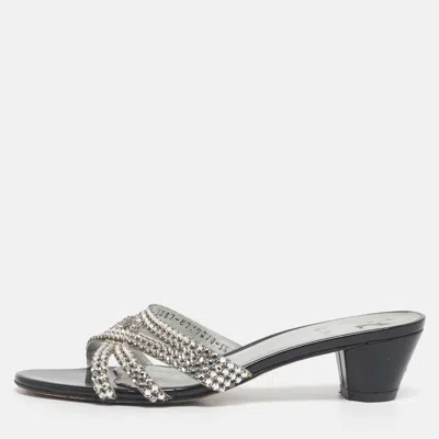 Pre-owned Gina Silver Leather Crystal Embellished Slide Sandals Size 38.5