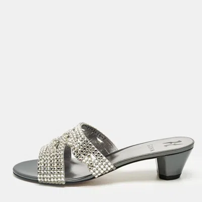 Pre-owned Gina Silver Leather Crystal Embellished Slide Sandals Size 40