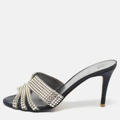 Pre-owned Gina Silver Leather Crystal Embellished Slide Sandals Size 40.5 In Black