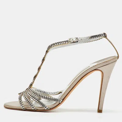Gina Silver Leather Crystal Embellished T-strap Sandals In Gold