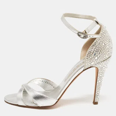 Gina Silver Leather Crystals Embellished Ankle Strap Sandals