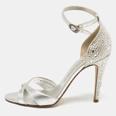 Pre-owned Gina Silver Leather Crystals Embellished Ankle Strap Sandals Size 38.5
