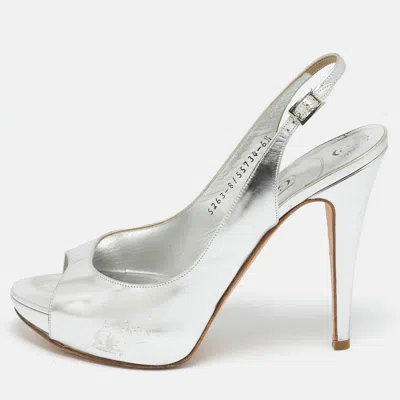 Pre-owned Gina Silver Leather Slingback Open Toe Platform Sandals Size 39.5