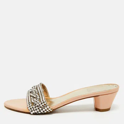 Gina Silver Patent Leather Crystal Embellished Slide Sandals In Brown