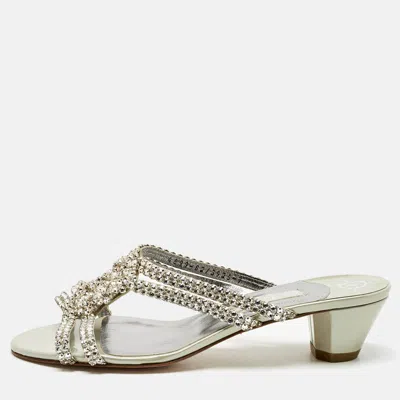 Pre-owned Gina Silver/grey Leather Crystal Embellished Slide Sandals Size 40 In Gray