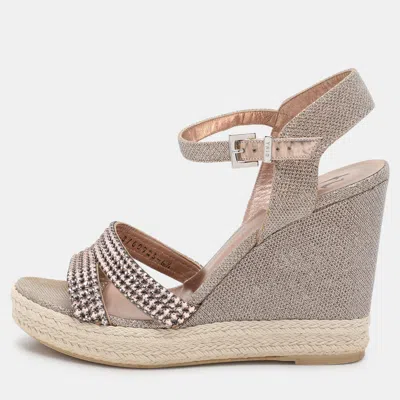 Pre-owned Gina Silver/rose Gold Lame Fabric And Leather Wedge Espadrille Sandals Size 39.5