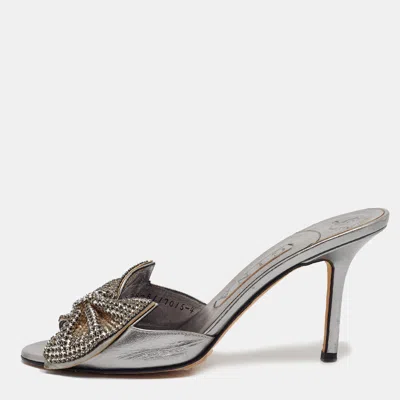 Pre-owned Gina Size 34 Silver Leather Crystal Embellished Slide Sandals