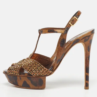 Pre-owned Gina Size 36 Brown Leopard Print Leather Crystal Embellished Platform Sandals