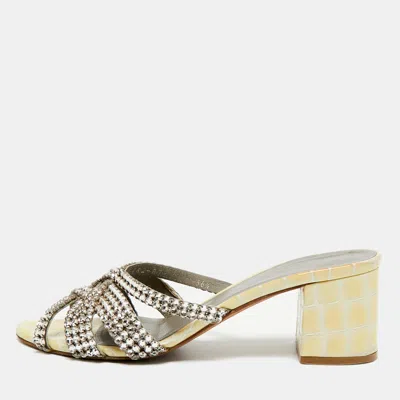 Pre-owned Gina Size 36.5 Cream/green Patent Leather Slide Sandals In White