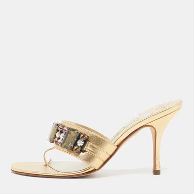 Pre-owned Gina Size 36.5 Gold Leather Crystal Embellished Thong Slide Sandals