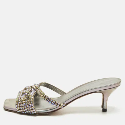 Pre-owned Gina Size 36.5 Silver Leather Crystal Embellished Slide Sandals