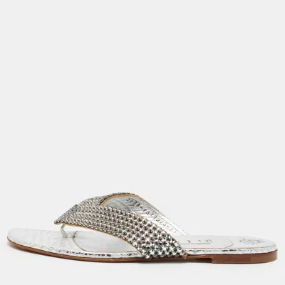 Pre-owned Gina Size 36.5 Silver Leather Crystal Embellished Thong Flat Slides