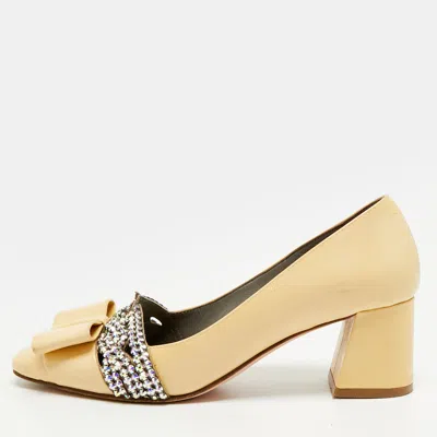 Pre-owned Gina Size 37 Beige Patent Leather Crystal Embellished Block Heel Pumps
