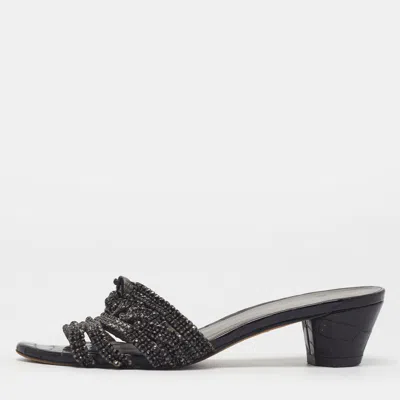 Pre-owned Gina Size 37 Black Croc Embossed Patent Leather Crystal Embellished Block Heel Slide Sandals