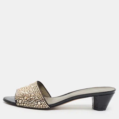 Pre-owned Gina Size 37 Black Croc Embossed Patent Leather Crystal Embellished Slide Sandals