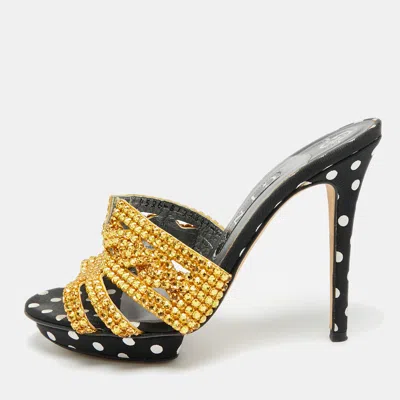 Pre-owned Gina Size 37 Black/gold Leather And Canvas Crystal Embellished Slide Sandals