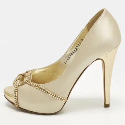 Pre-owned Gina Size 37 Gold Leather And Satin Crystal Embellished Platform Pumps