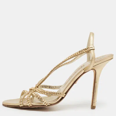 Pre-owned Gina Size 37 Gold Leather Crystal Embellished Slingback Sandals
