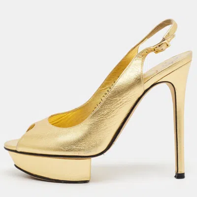 Pre-owned Gina Size 37 Gold Leather Peep Toe Slingback Pumps