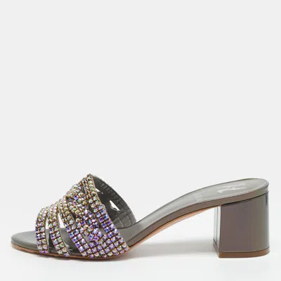 Pre-owned Gina Size 37 Multicolor Leather Crystal Embellished Slide Sandals