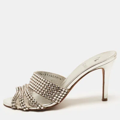 Pre-owned Gina Size 37 Silver Leather Crystal Embellished Slide Sandals