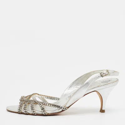 Pre-owned Gina Size 37 Silver Leather Slingback Sandals