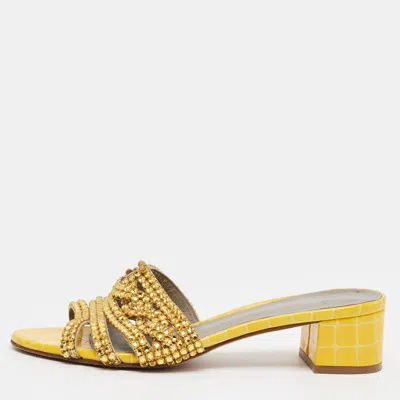 Pre-owned Gina Size 37 Yellow Croc Embossed And Leather Crystal Embellished Slide Sandals