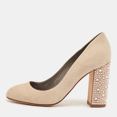 Pre-owned Gina Size 37.5 Beige/pink Satin And Suede Crystal Embellished Block Heel Pumps In Sand