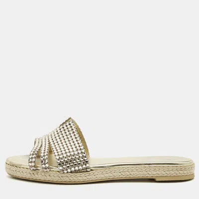 Pre-owned Gina Size 37.5 Gold Leather Crystal Embellished Flat Slide