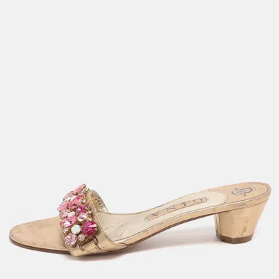Gina Size 37.5 Gold Leather Crystal Embellished Slide Sandals