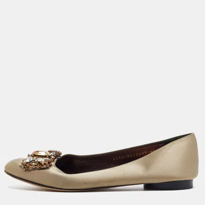 Pre-owned Gina Size 37.5 Gold Satin Crystal Embellished Bow Ballet Flats