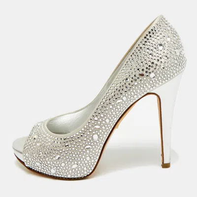 Pre-owned Gina Size 37.5 Grey Satin Crystal Embellished Platform Peep Toe Pumps In Gray