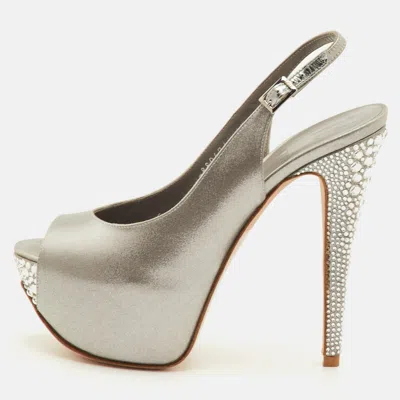 Pre-owned Gina Size 37.5 Metallic Grey Leather Crystal Embellished Platform Heel Slingback Pumps In Gray