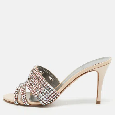 Pre-owned Gina Size 38 Beige Leather Crystal Embellished Slide Sandals