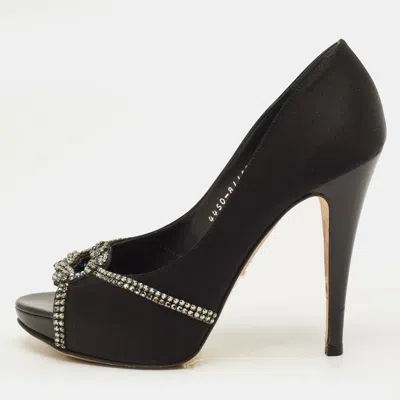 Pre-owned Gina Size 38 Black Satin Crystal Embellished Platform Pumps