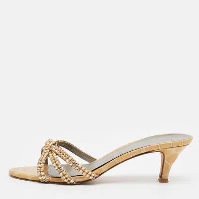 Pre-owned Gina Size 38 Brown Croc Embossed Patent Leather Crystal Embellished Slide Sandals