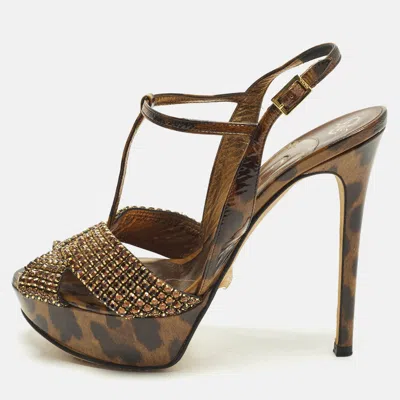 Pre-owned Gina Size 38 Brown Leather Leopard Print Ankle Strap Sandals