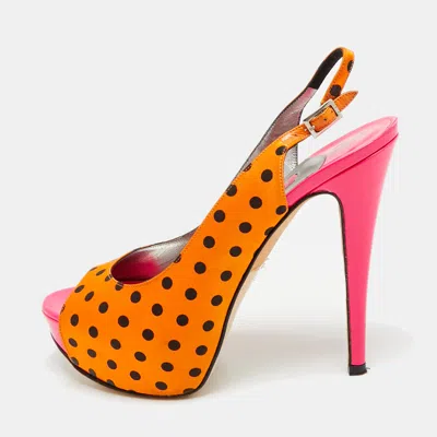 Pre-owned Gina Size 38 Gold/black Polka Dot Satin Slingback Sandals