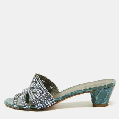 Pre-owned Gina Size 38 Green Leather Crystal Embellished Slide Sandals