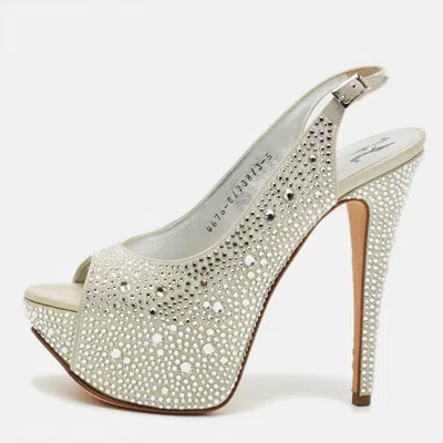 Pre-owned Gina Size 38 Grey Satin Crystal Embellished Platform Slingback Sandals In Gray