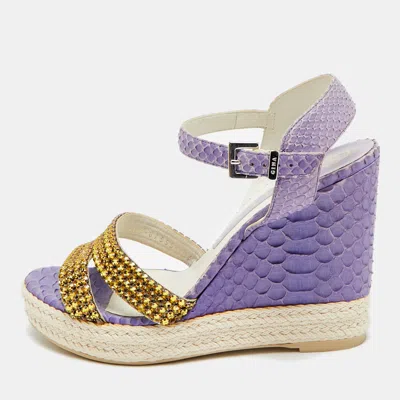 Pre-owned Gina Size 38 Purple Python Leather Crystal Embellished Wedge Ankle Strap Sandals