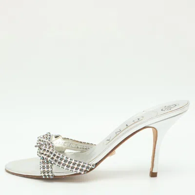 Pre-owned Gina Size 38 Silver Crystals And Leather Slide Sandals