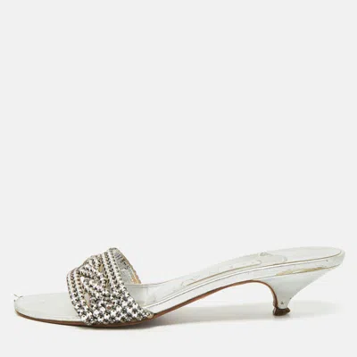 Pre-owned Gina Size 38 Silver Leather Crystal Embellished Kitten Heel Slide Sandals