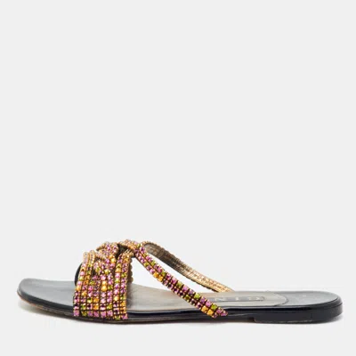 Pre-owned Gina Size 38.5 Black Leather Crystal Embellished Flat Slide Sandals